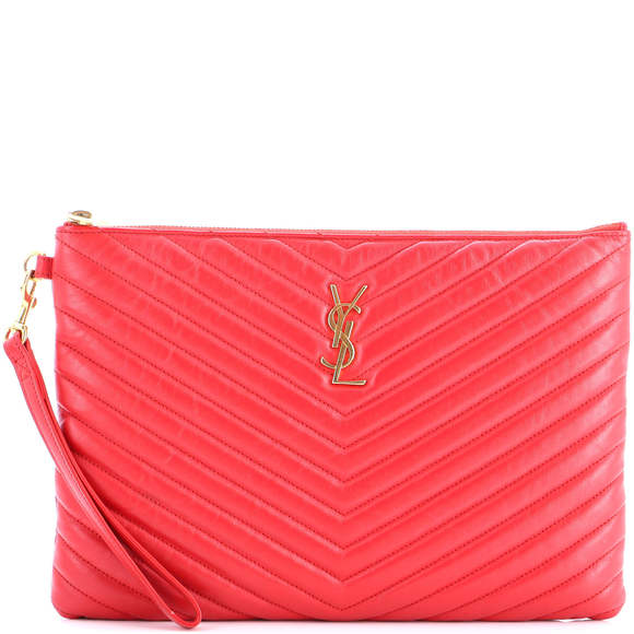 Saint Laurent Medium Classic Monogram Wristlet Pouch Matelasse Chevron Leather - Picture 1 of 5